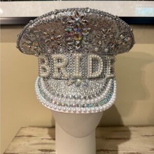 Rhinestone Silver Bride Bachelorette Hat Novelty Faux Diamond Pearls Wedding